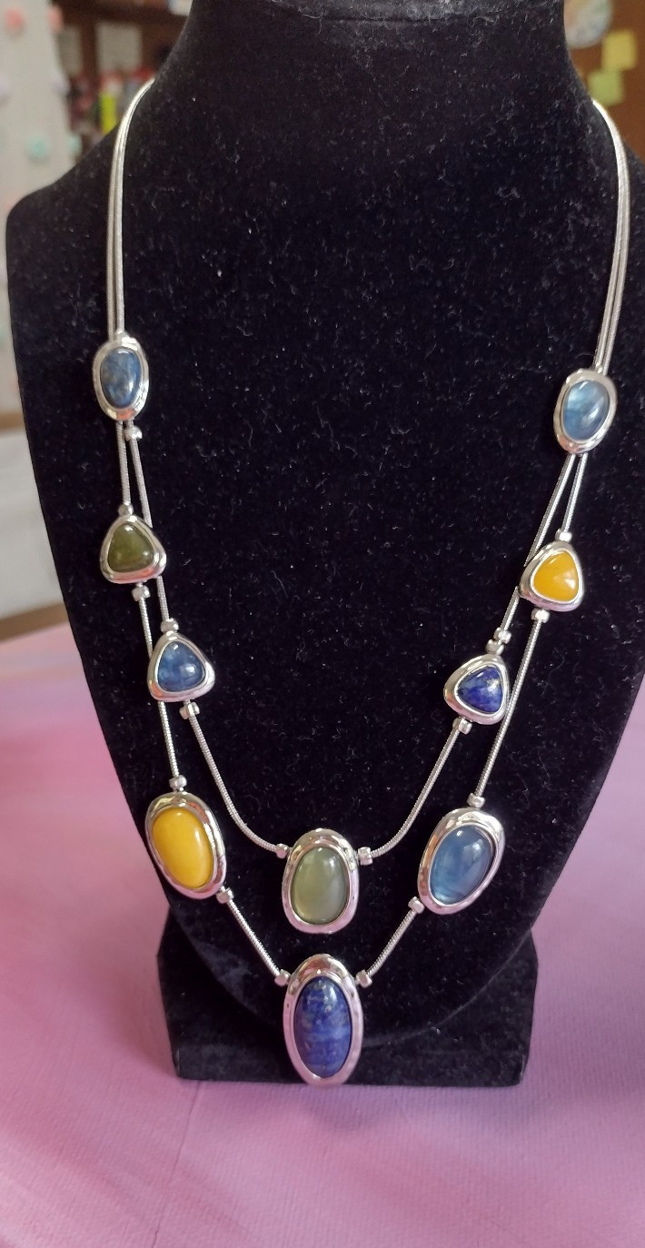 Chicos Silver Tone Double Strand Necklace with Faux Multicolor Stones NWT