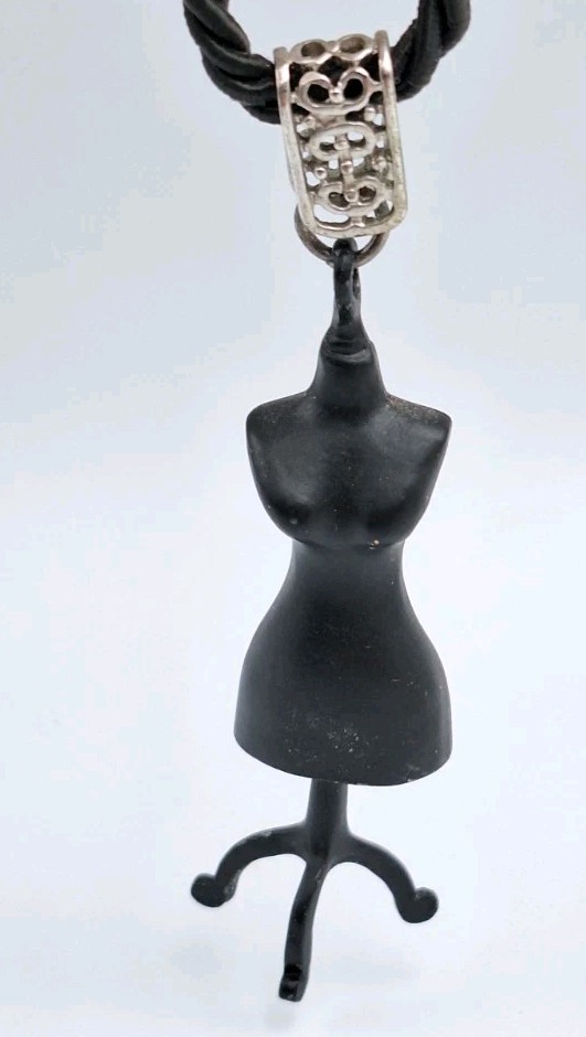 Black Mannequin Dress Form Art Pendant Necklace Black Braided Cord 19″-20″ *RARE