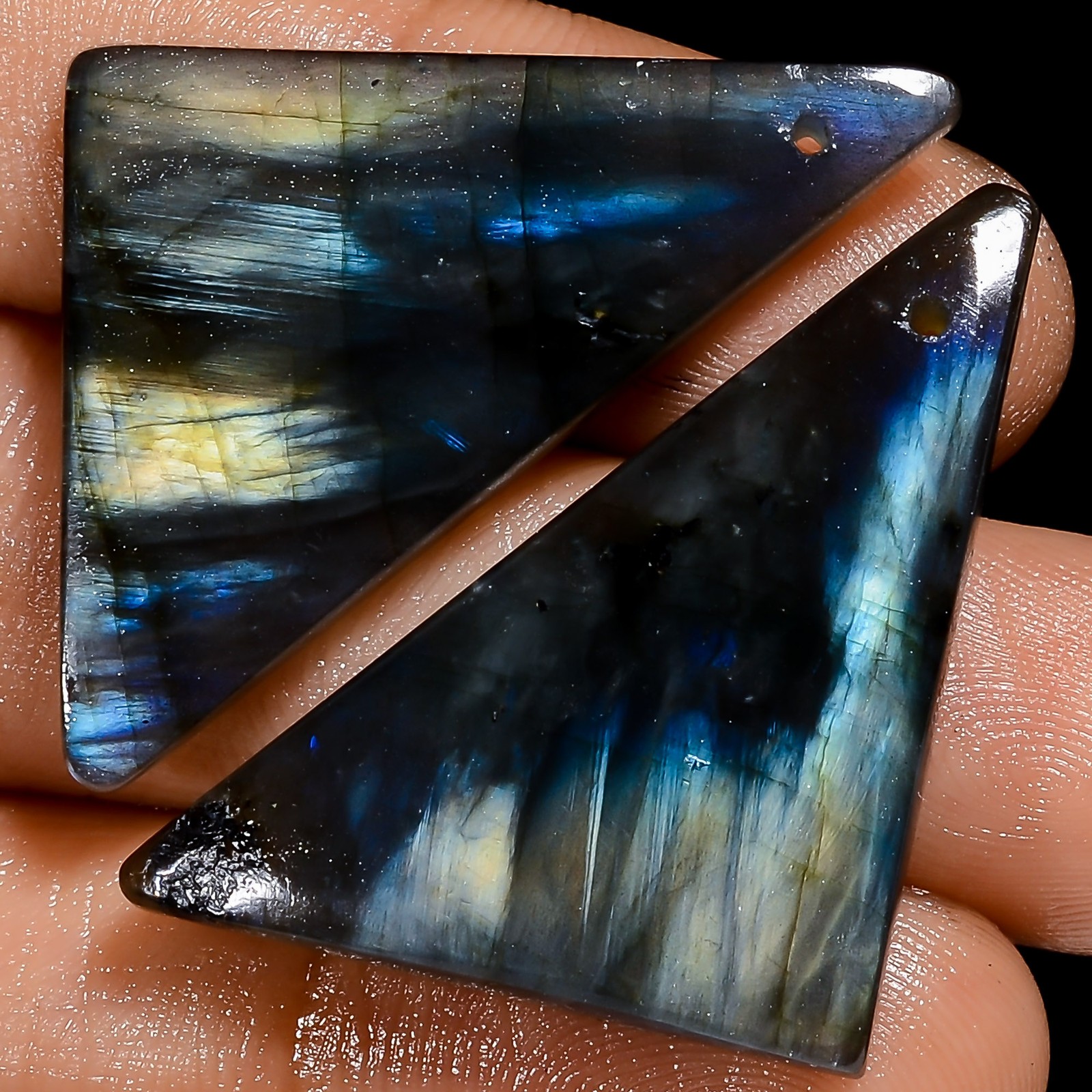 Natural Labradorite Fancy Cabochon Drilled Gemstone Pair 50.5 Ct 37X25X4mm SG257