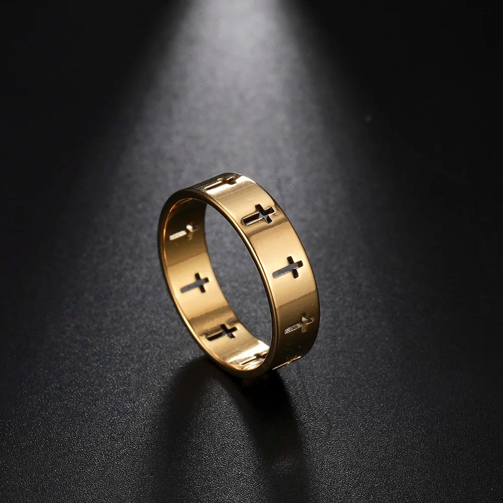 Cross Cut Out Stainless Steel Ring Men Women Christian Band Gold Silver Black