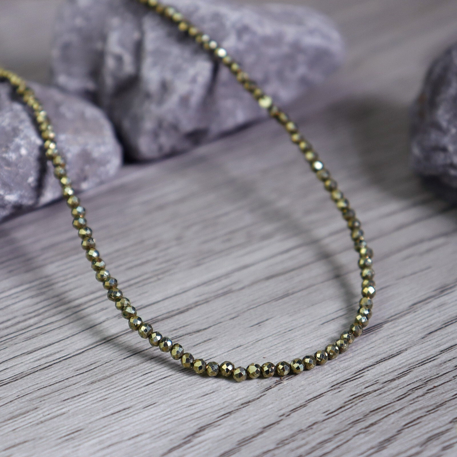 Natural Pyrite 2mm Beaded Choker Minimalist Dainty Gemstone Women Necklace Gift