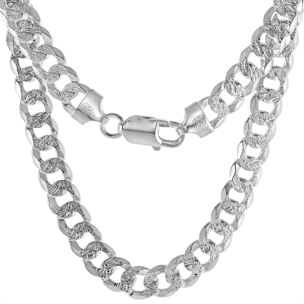 925 Sterling Silver Pave Diamond Cut Beveled Flat Curb Cuban Link Chain 8mm