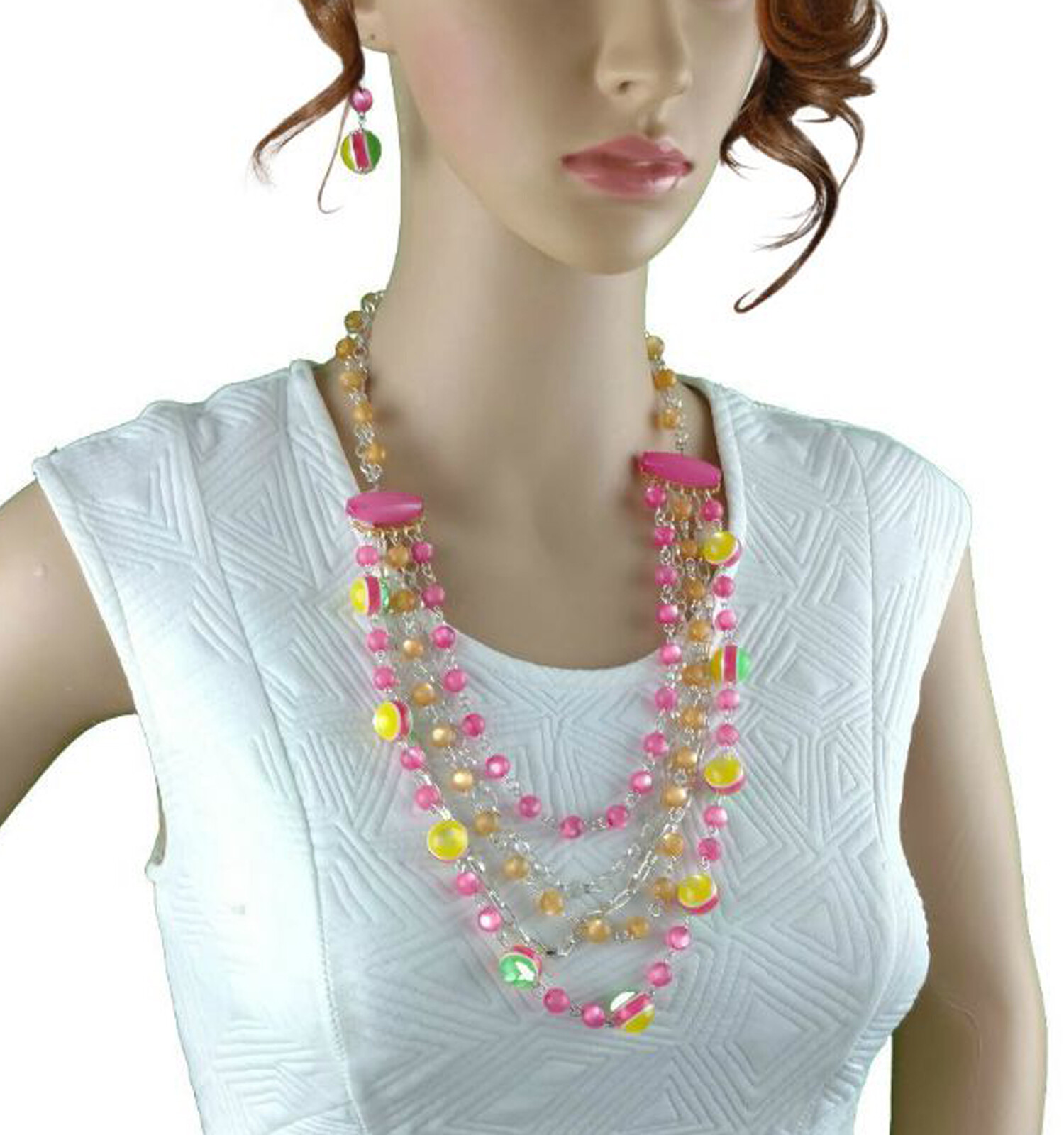 Pink Yellow Beaded Chain Silver Tone Necklace Set 32″ Pierced Earrings