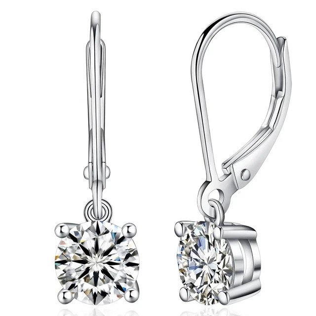 Solitaire Round 14K White Gold Plated 2ct Lab Grown Diamond Lever Back Earrings