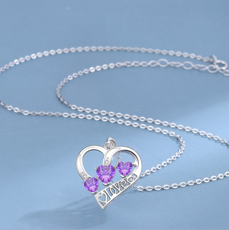 Sterling Silver Heart Love CZ Amethyst Pendant Necklace 18″ Chain Gift Box E7