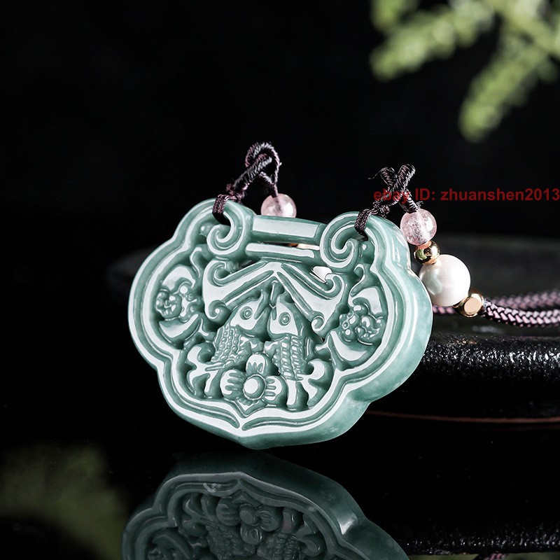 Retro Natural Grade A Jade Jadeite Women Lucky Amulet Ruyi Lock Pendant Necklace