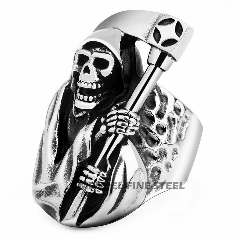 MENDEL Mens Biker Goth Death Skull Grim Reaper Ring Stainless Steel Size 8-15