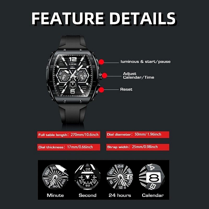 Men Watch Quartz Date Luminous Big Square Dial 5ATM Waterproof Sport Wristwatch