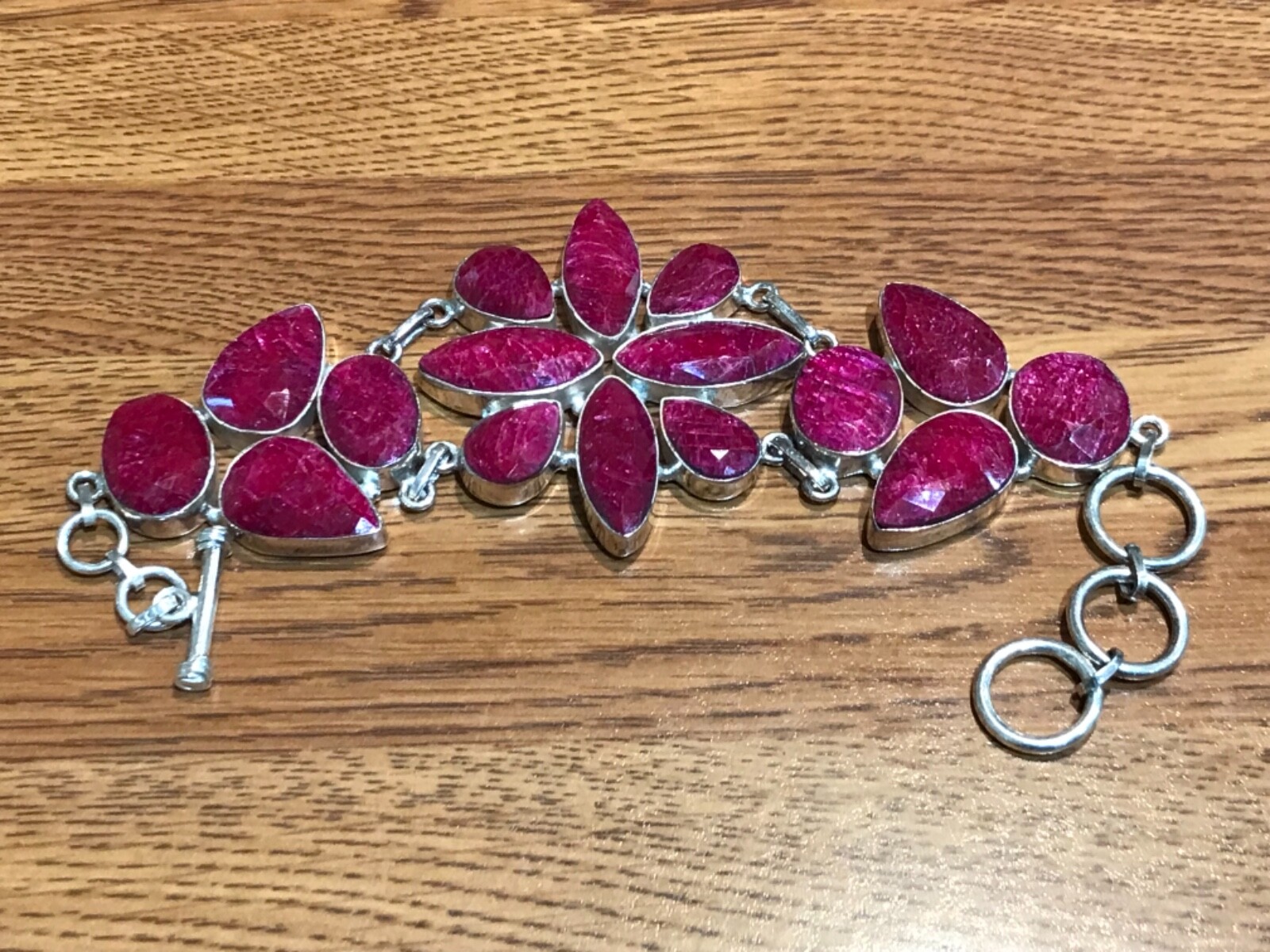🔥925 STERLING SILVER HUGE LARGE RAW CHERRY RUBIES CHUNKY BRACELET WOMEN 8 in