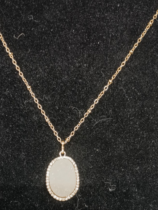 BaubleBar Gold Tone Oval Beige Faux Druzy Pendant Necklace Crystal Halo 18″