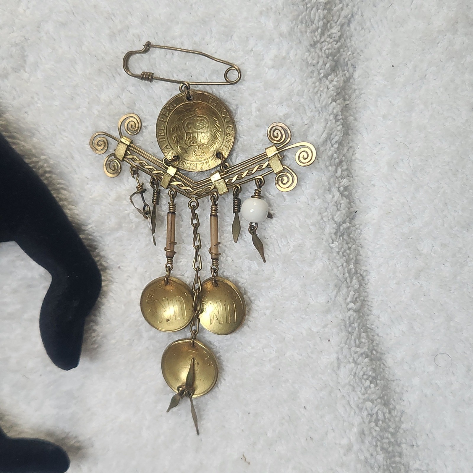 Vintage Peruvian Coin Brooch Brass Folk Art Sol De Oro Dangle Pin Peru Jewelry