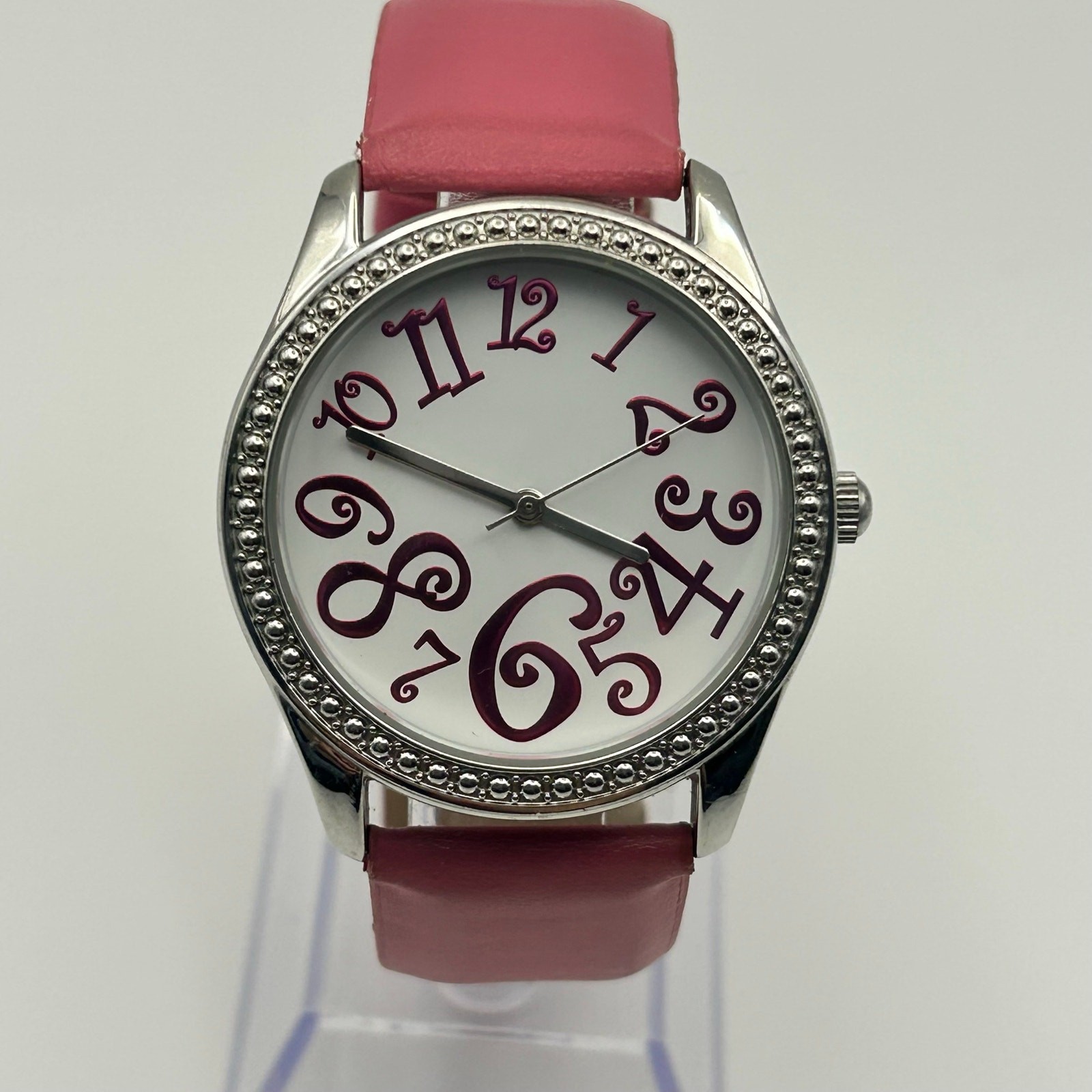 Women’s Silver-Tone Pink Faux Leather Fashion Watch Working New Battery