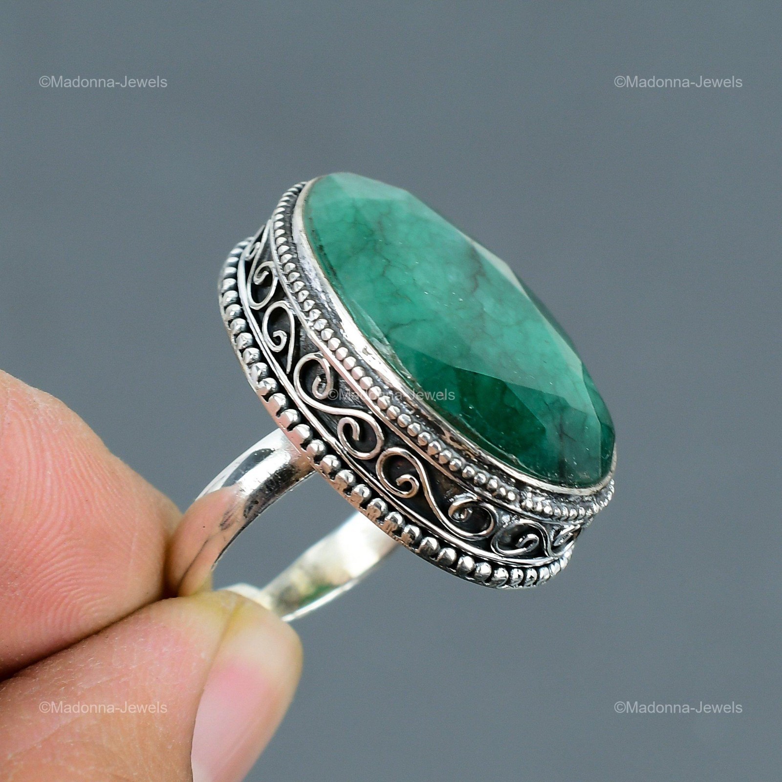 925 Sterling Silver Zambian Emrald Stone Birthday Statement Vintage Ring Jewelry