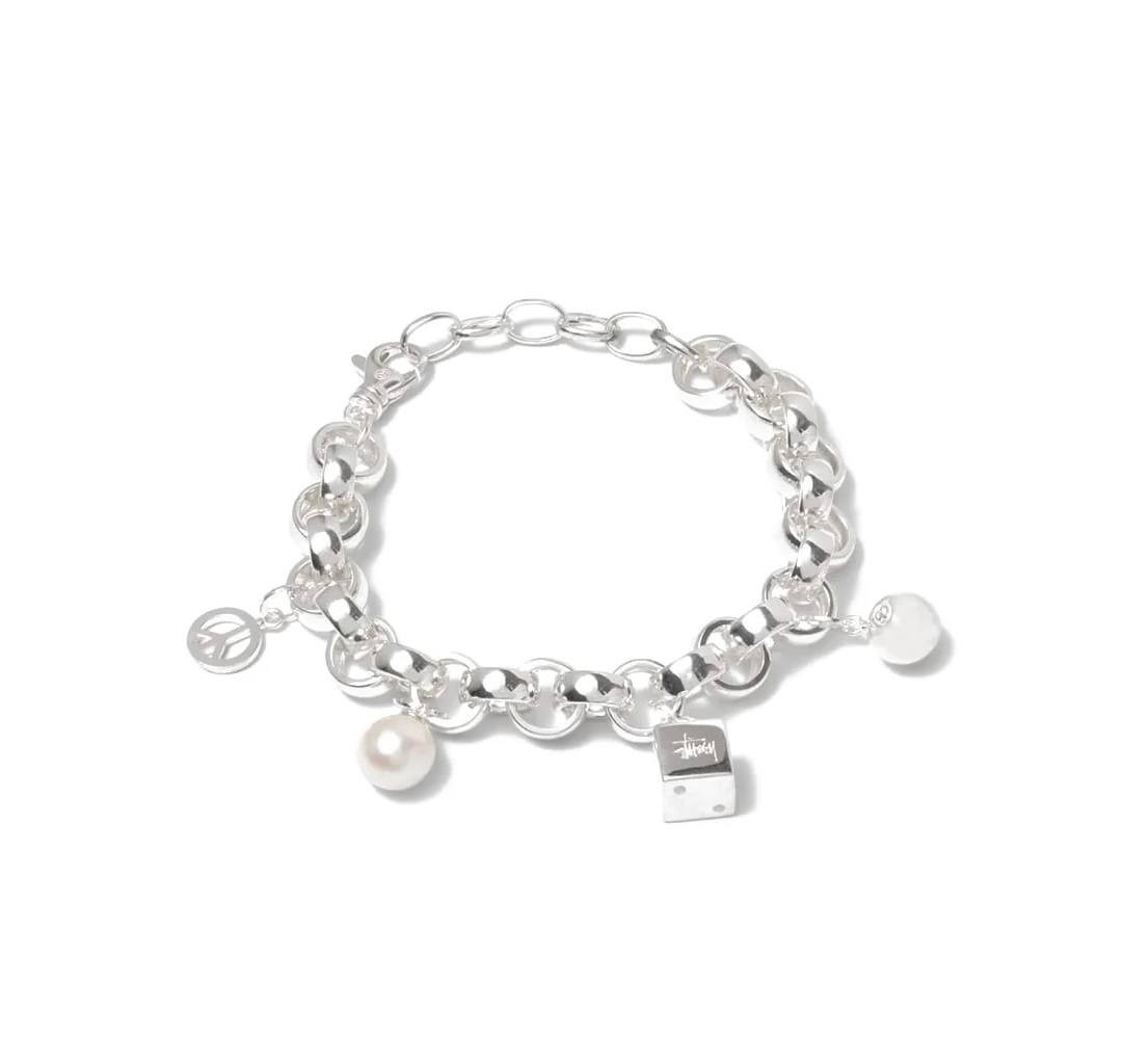 Stussy Charm Bracelet 925 Sterling Silver Pearl Chain Link Streetwear Jewelry Un