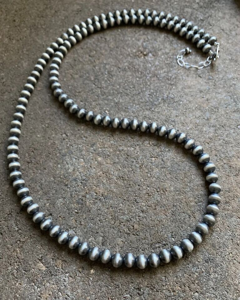 7mm 36 Inch 925 Sterling Silver Oxidized Pearls Bead Necklace Southwestern