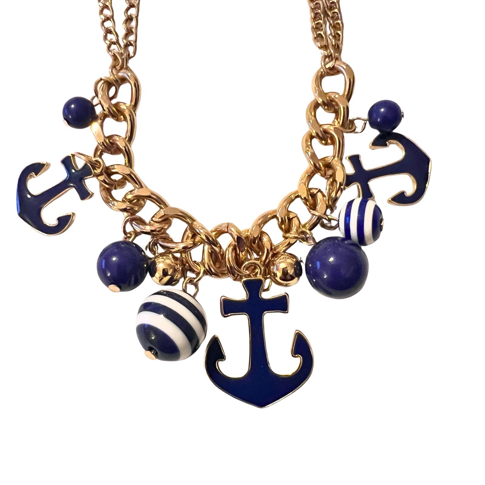 Nautical Anchor Blue White Beaded Charm Gold Tone Necklace Drop Earrings Set New