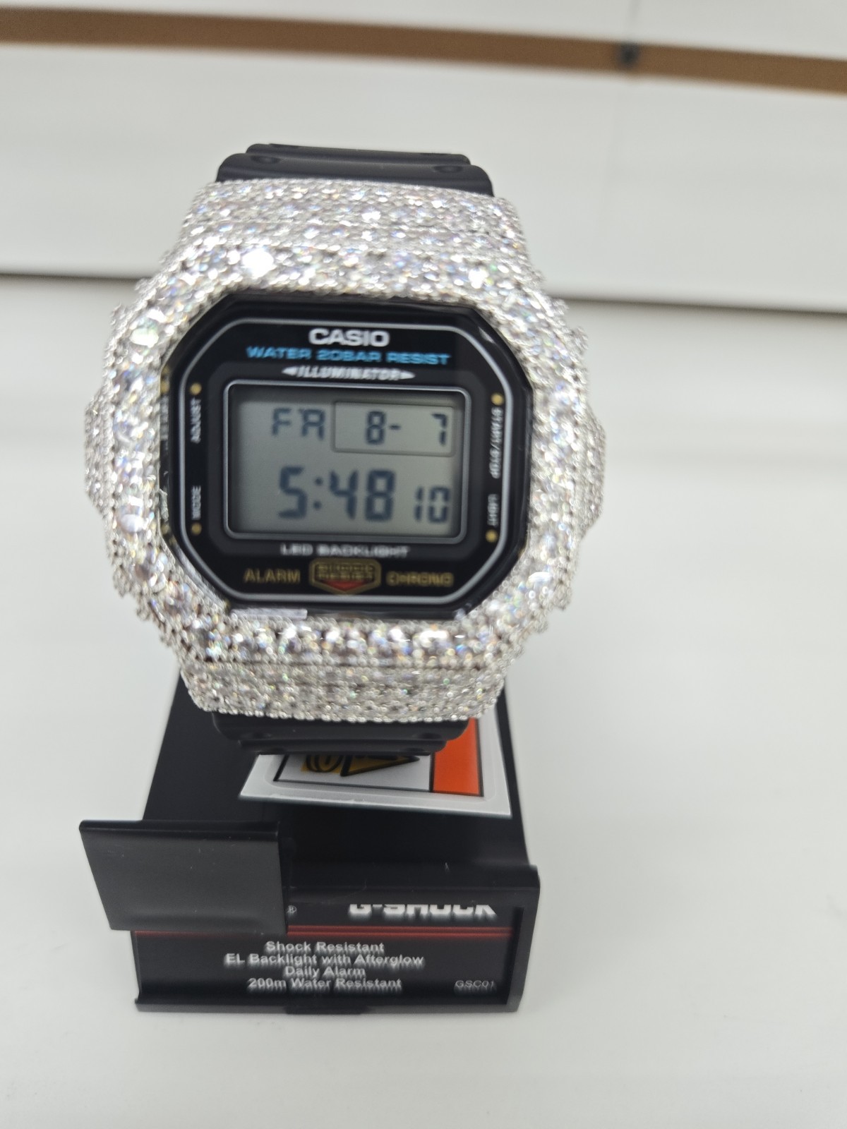 Moissanite G Shock Watch Casio 5600 Model Black Color Band Silver Color Bezel
