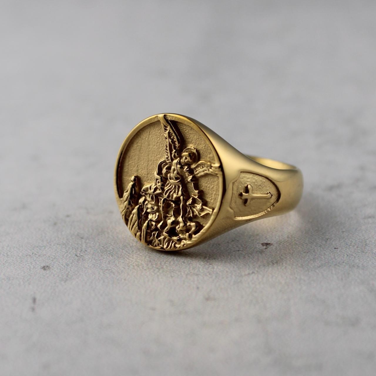 Gold Saint Michael Signet Ring Circle Cross Stainless Steel