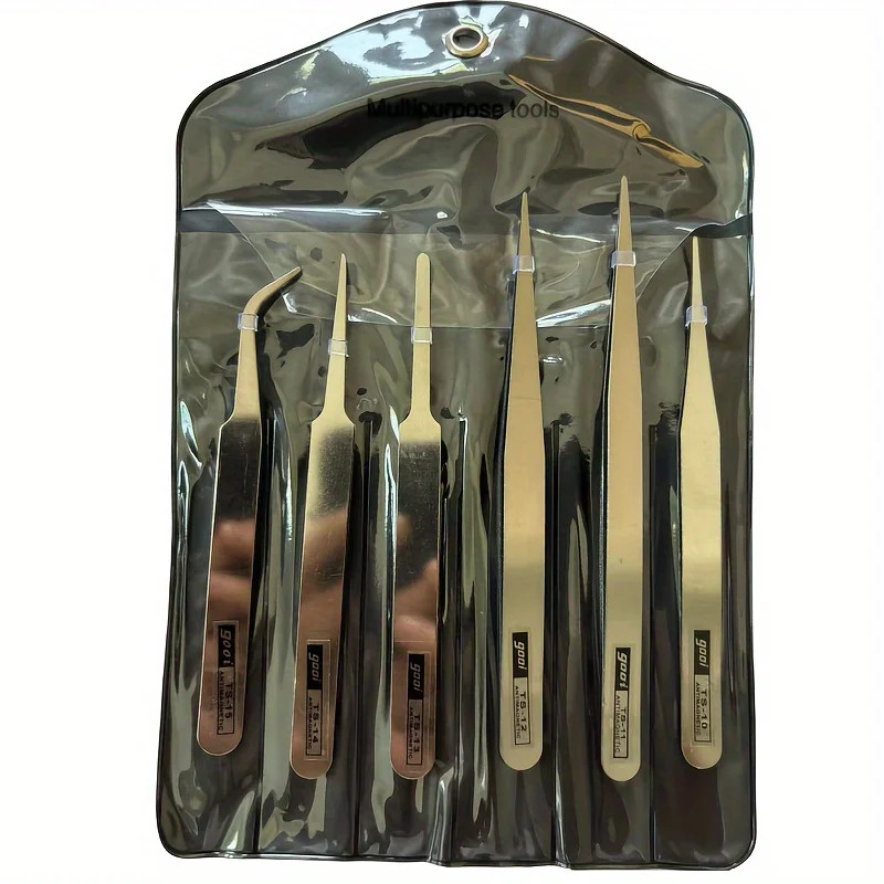 6Pcs Stainless metal Tweezers Repair Tool Industrial Precision Bent Straight Twe