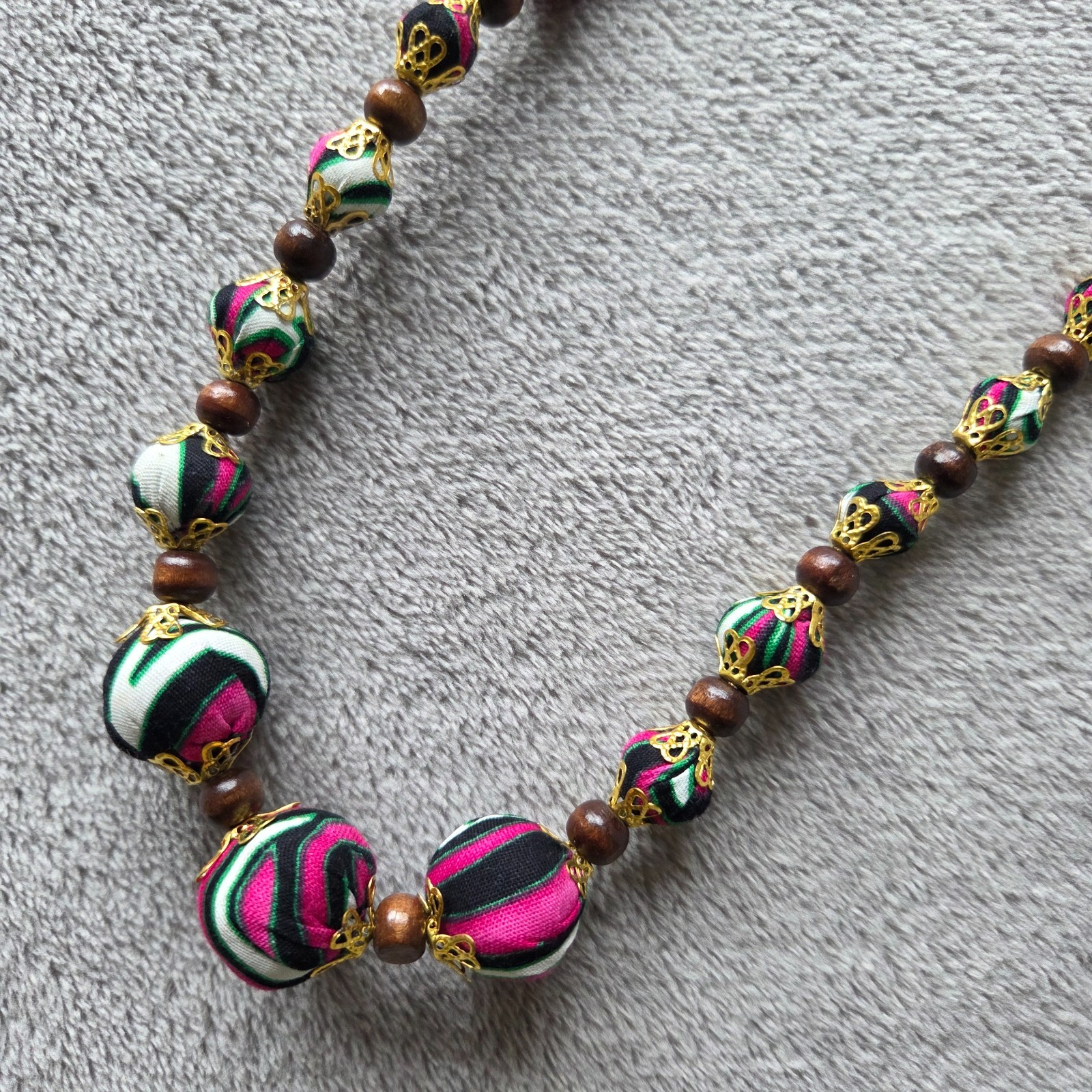 Handmade Floral Fabric Bead Necklace mixed with Gold Filigree, Wooden Bead 82cm