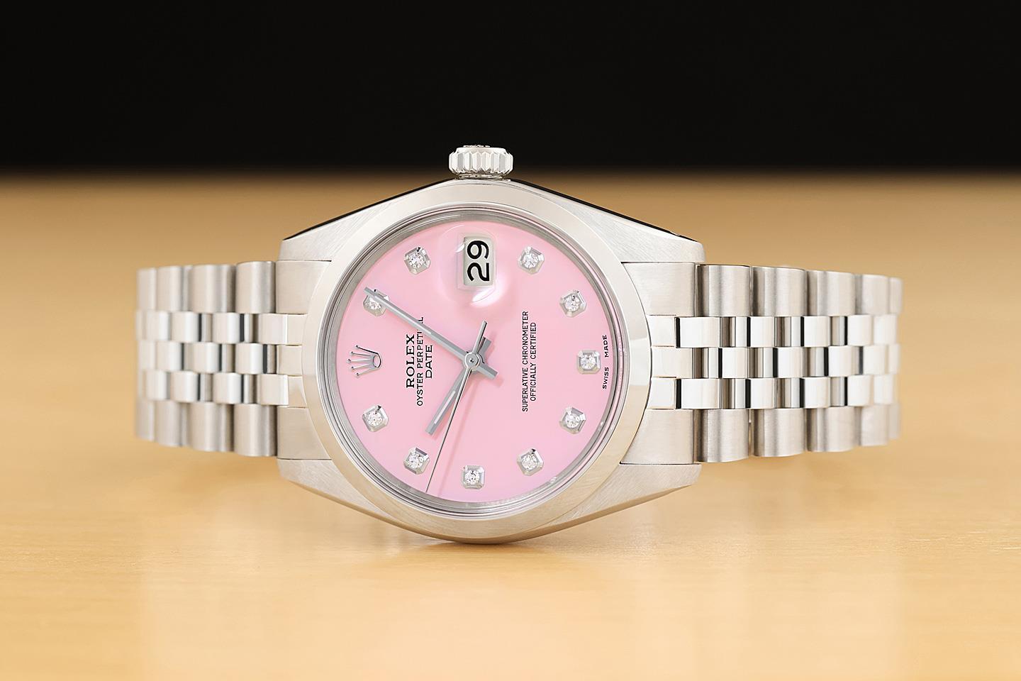 ROLEX OYSTER PERPETUAL DATE 34MM 1500 PINK DIAMOND DIAL STAINLESS STEEL WATCH