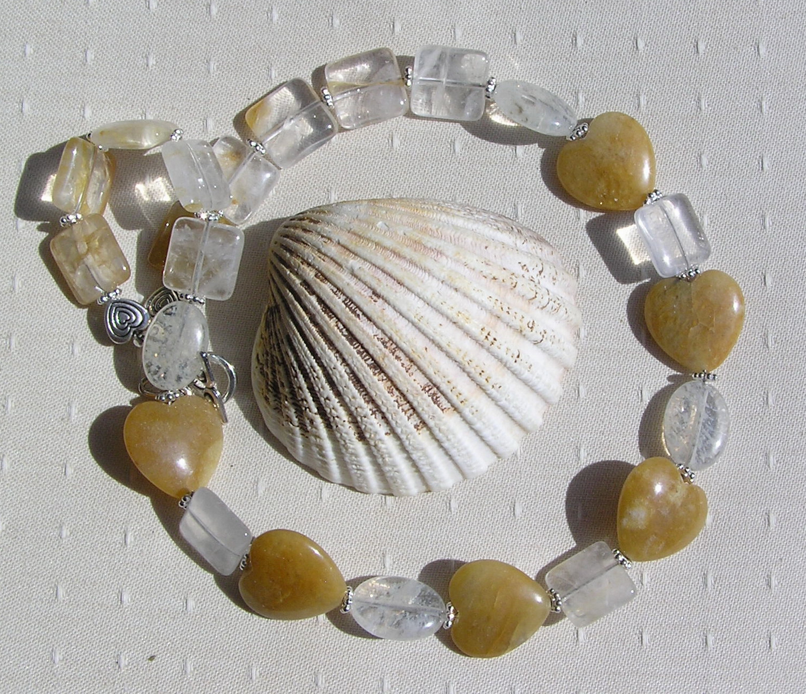Golden Jade Heart, Honey Quartz & Yellow Tourmaline Gemstone Beaded Necklace