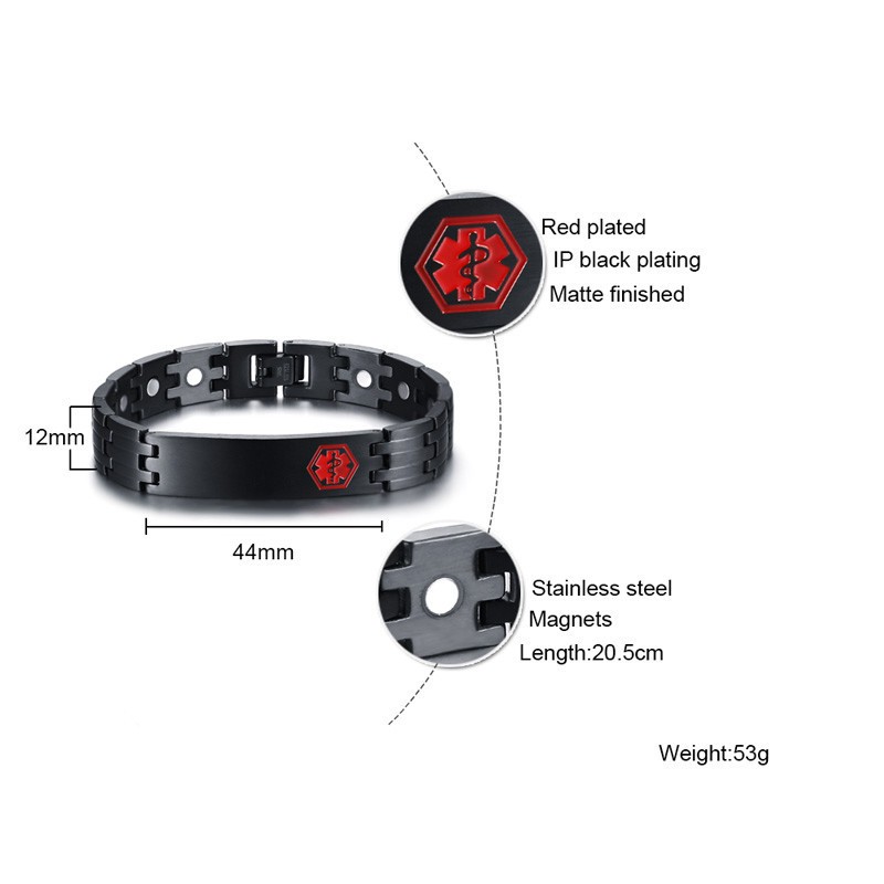 Black Magnetic Health Medical Alert ID Men Bracelet Free Engrave Stainless Steel