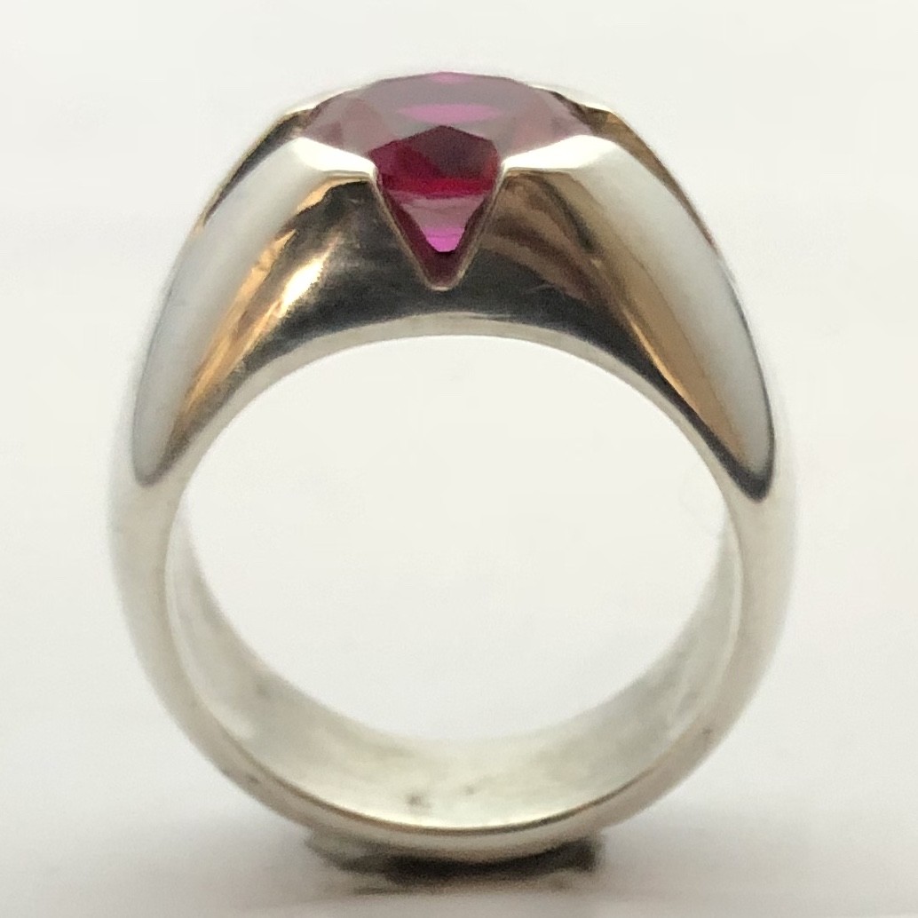 MJG STERLING SILVER MEN’S RING.V GROOVE 10MM LAB RUBY PRONG SET. SIZE 10