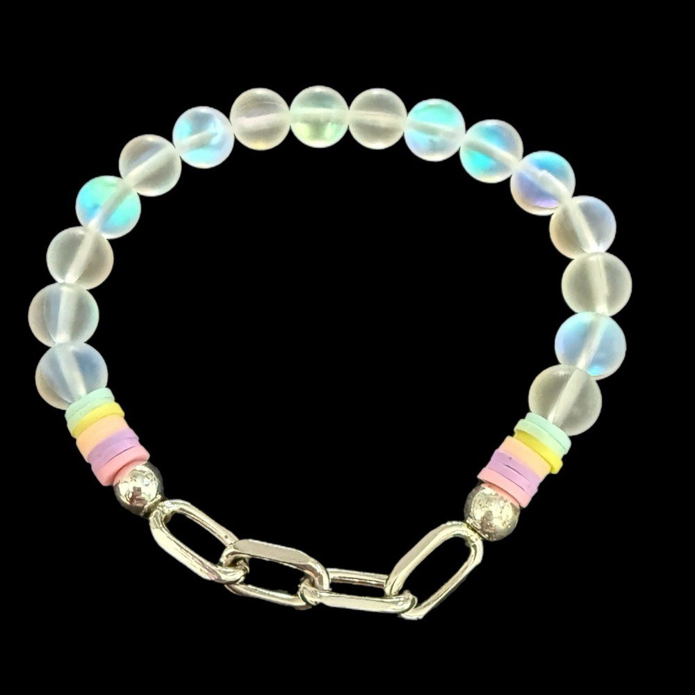 Mermaid Glass and Silver Paperclip Link Beaded Bracelet