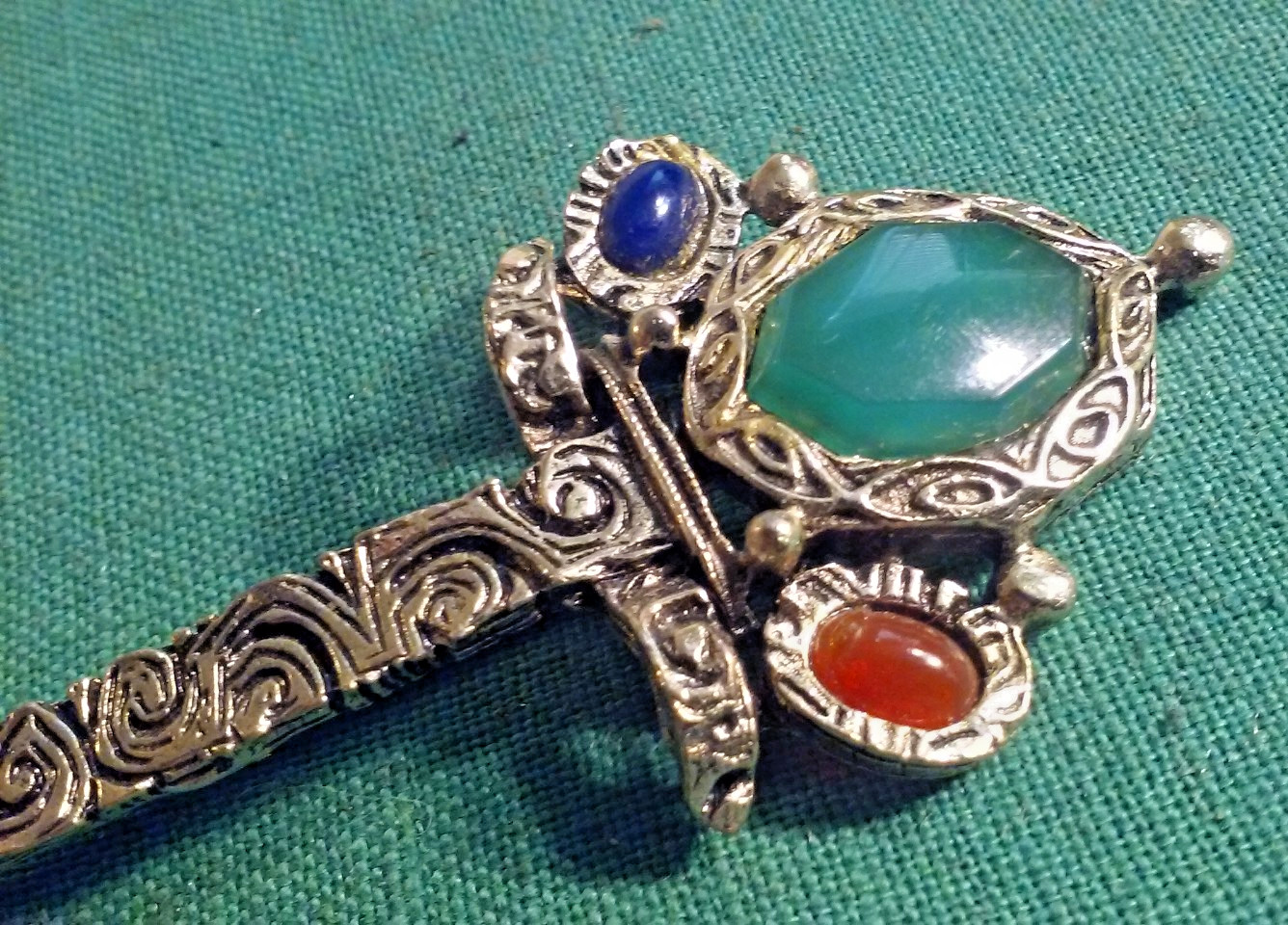 Retro Cross Sword Brooch Metal Pin w/ Glass Color Stones Celtic Theme