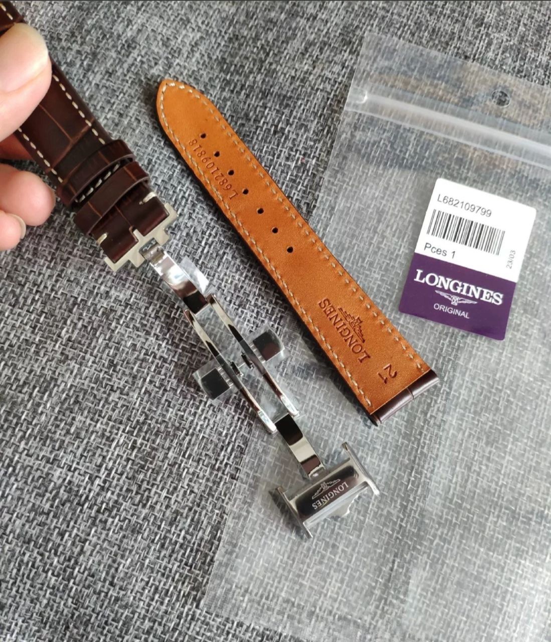 Longines 21mm Brown Leather Strap Band w/ 18mm Steel Deployant Clasp