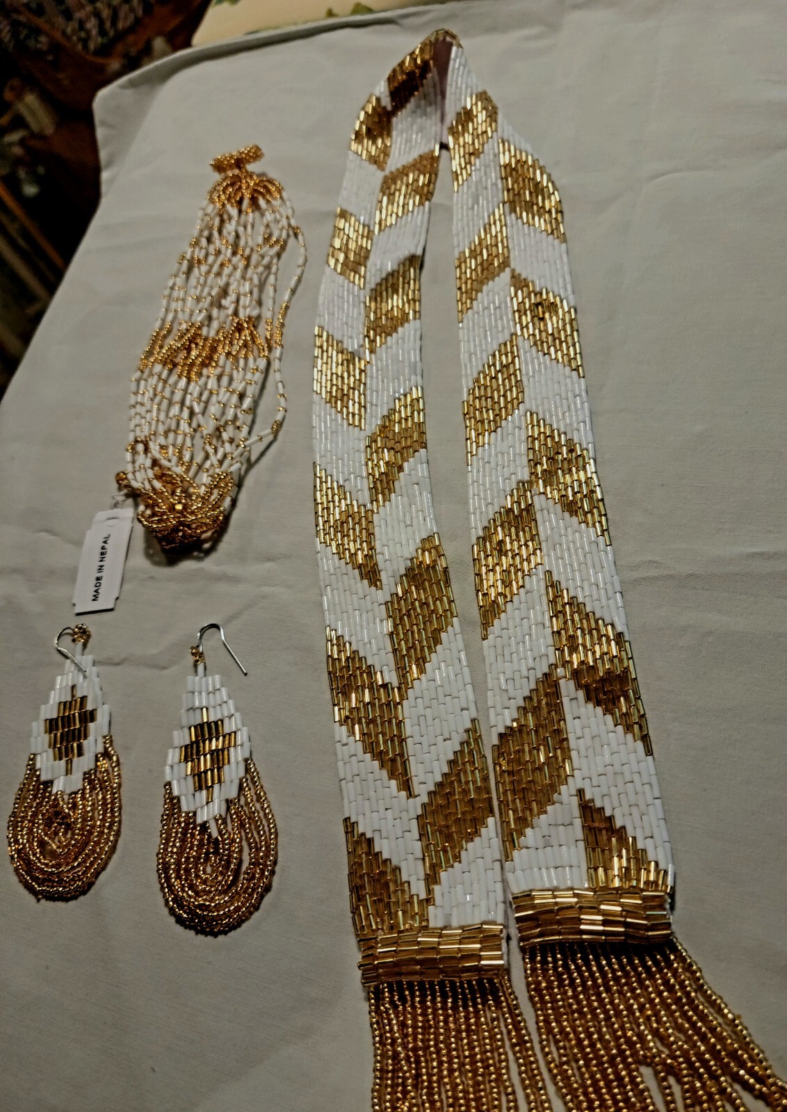 Himalayan Gems Waterfall Potay Bead Necklace, Bracelet, Earrings WHITE GOLD NWT