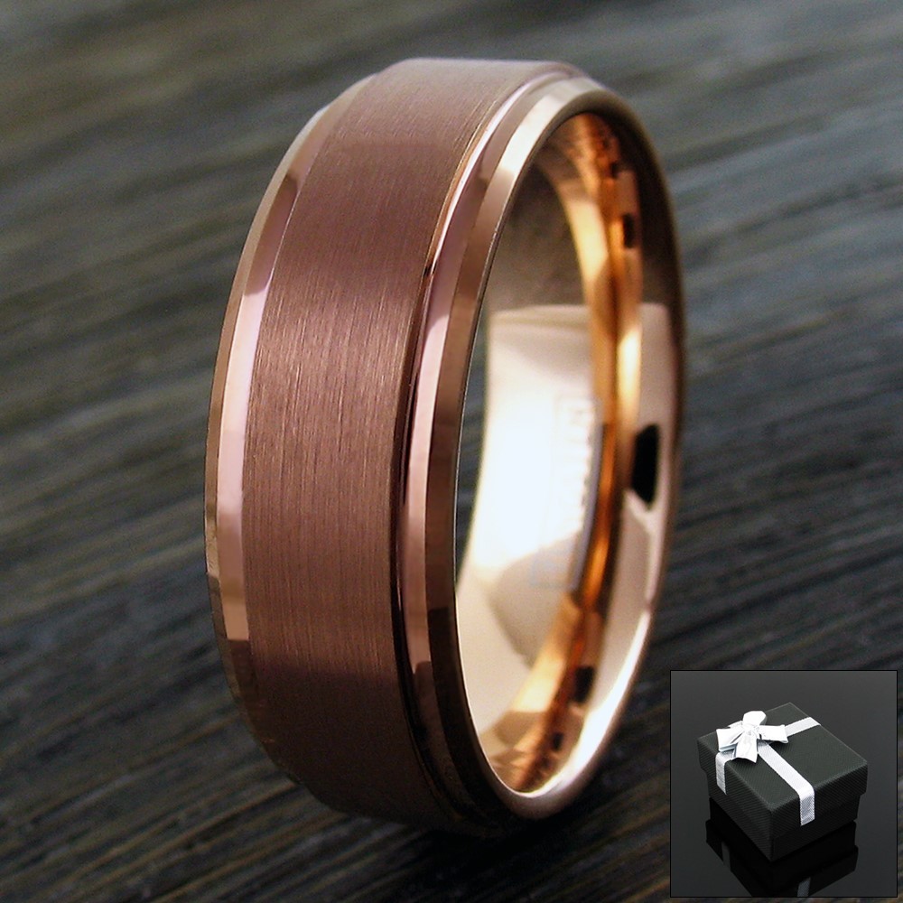 6/8mm Brown Brushed Tungsten Ring Rose Gold Plated Inside Step Edge Wedding Band