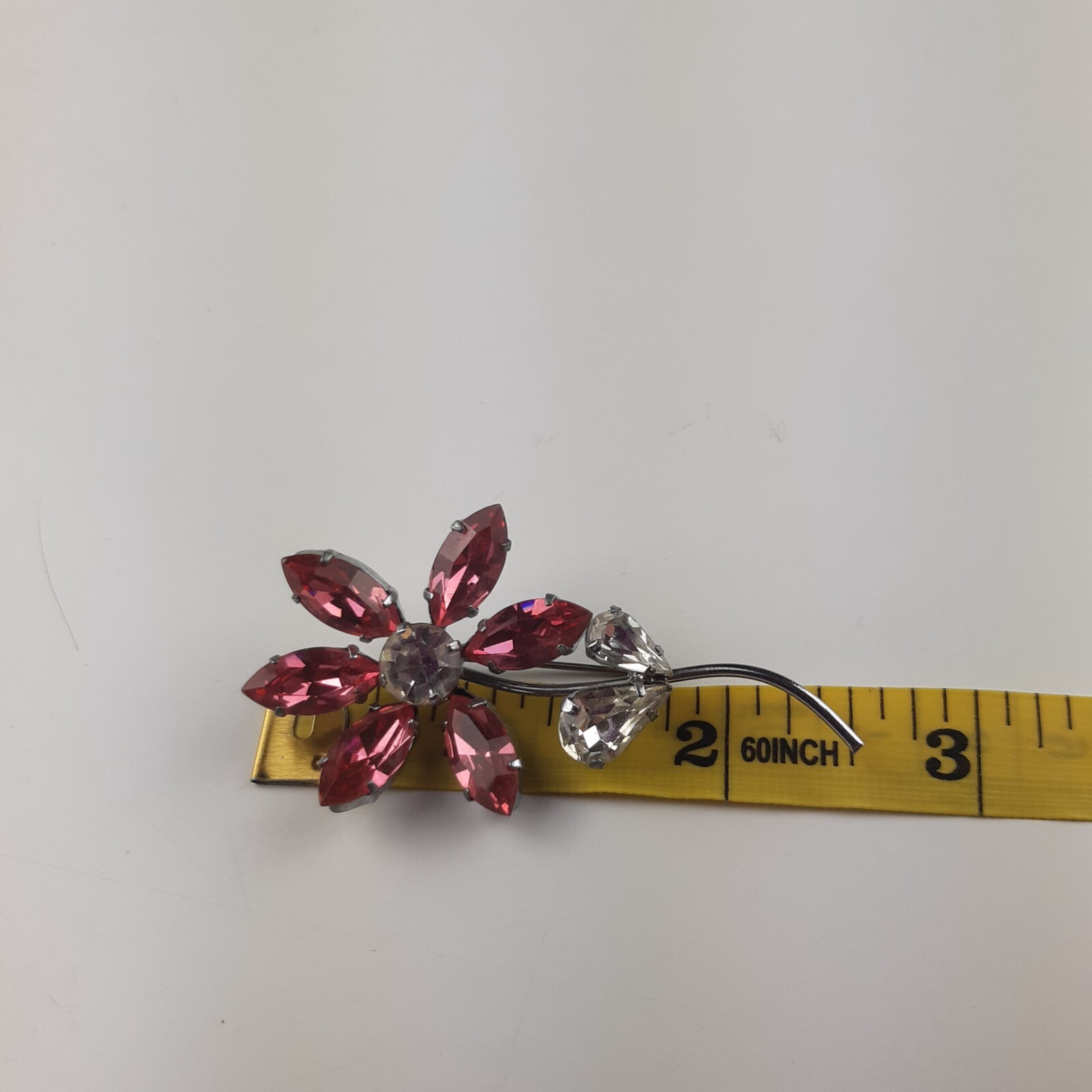 Flower Brooch Silver Tone Clear and Pink Petals 2 1/2 inches