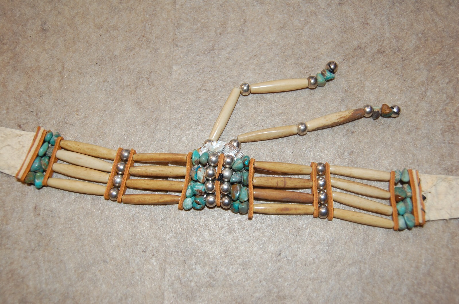 Antiqued Buffalo bone Hair-pipe Choker Necklace Abalone Turquoise Native Tribal