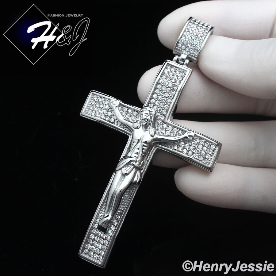 18-40″MEN Stainless Steel 5mm Silver Box Link Chain BIG ICY CZ Cross Pendant*142