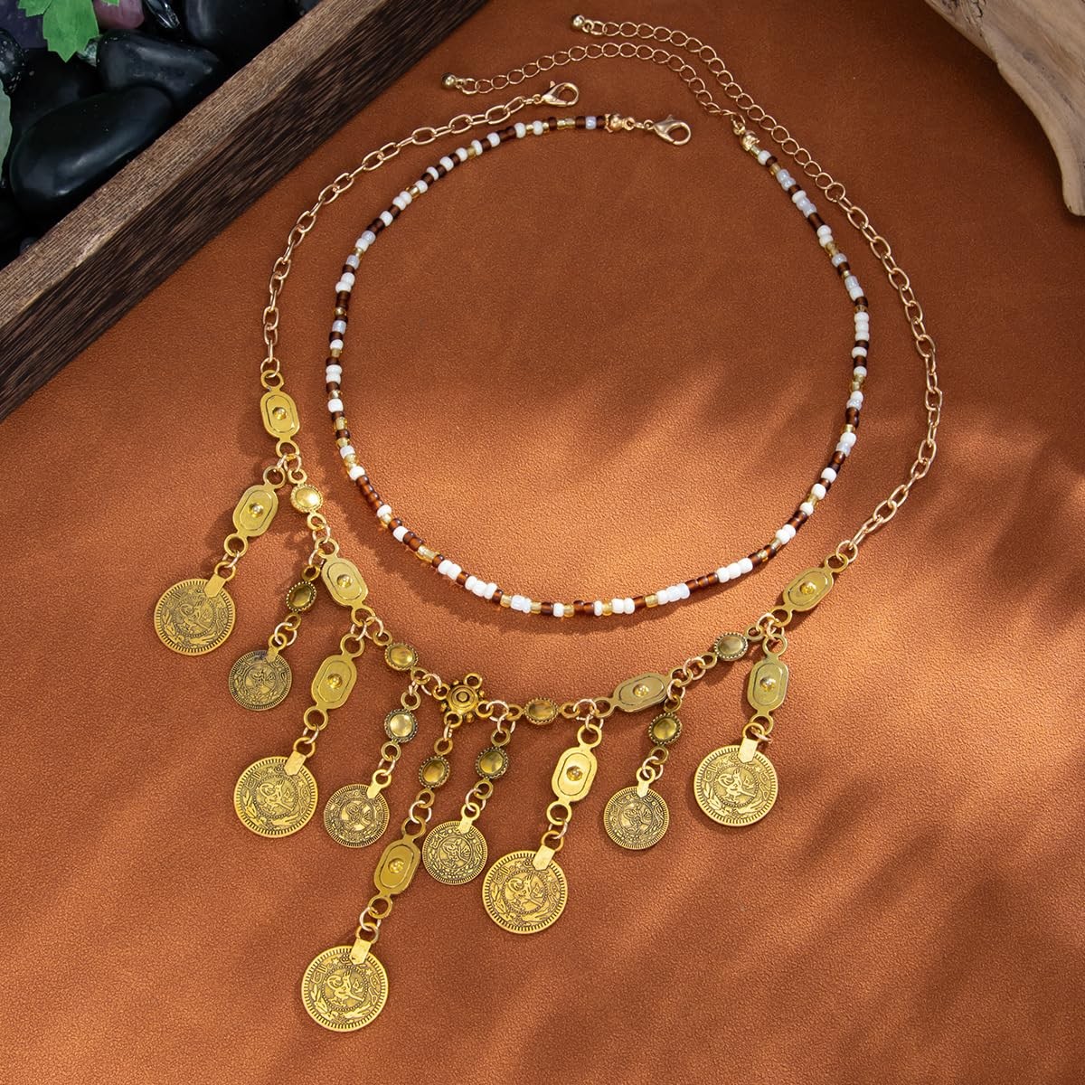 Layered Coin Pendant Necklace for Women, Gold Beaded Boho Statement Necklace,…