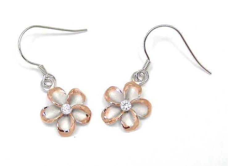 12MM STERLING SILVER 925 HAWAIIAN PLUMERIA WIRE HOOK EARRINGS RHODIUM ROSE GOLD