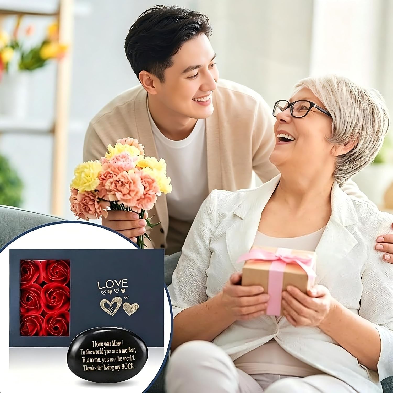 Meaningful Mother’s Day Keepsake – Engraved Stones & Floral Elegance Gift Set