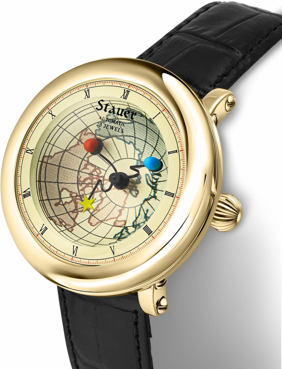 Dumonde 40mm Gold-Plated Automatic Watch with World Map Dial & Leather Band