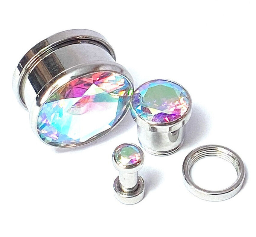 PAIR Large Aurora Borealis Gem Screw Fit Tunnel Plug Gauge Body Jewelry Piercing