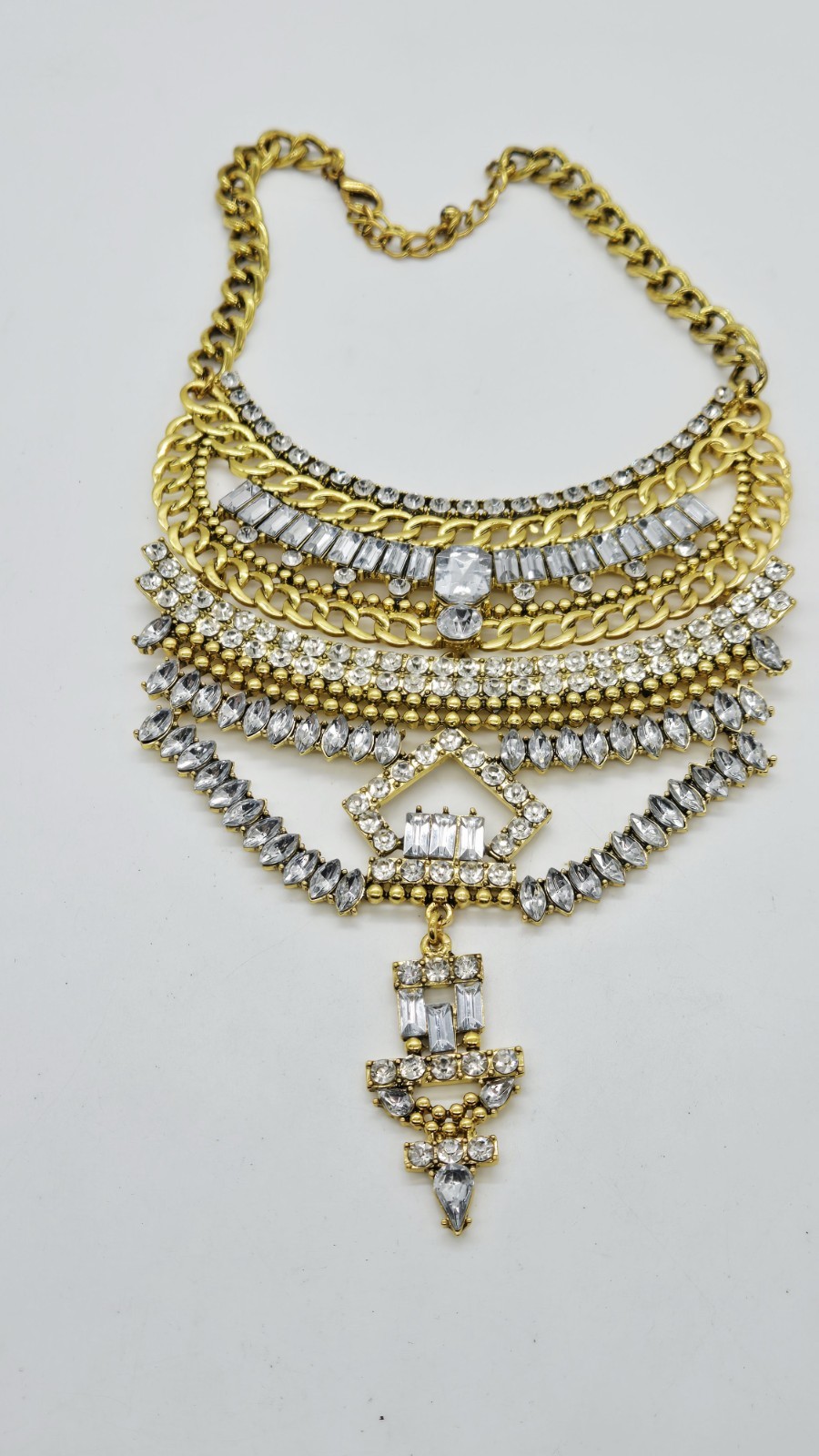 Geometric Bib Necklace White Crystal Rhinestone Dangle Gold tone Couture 15 in