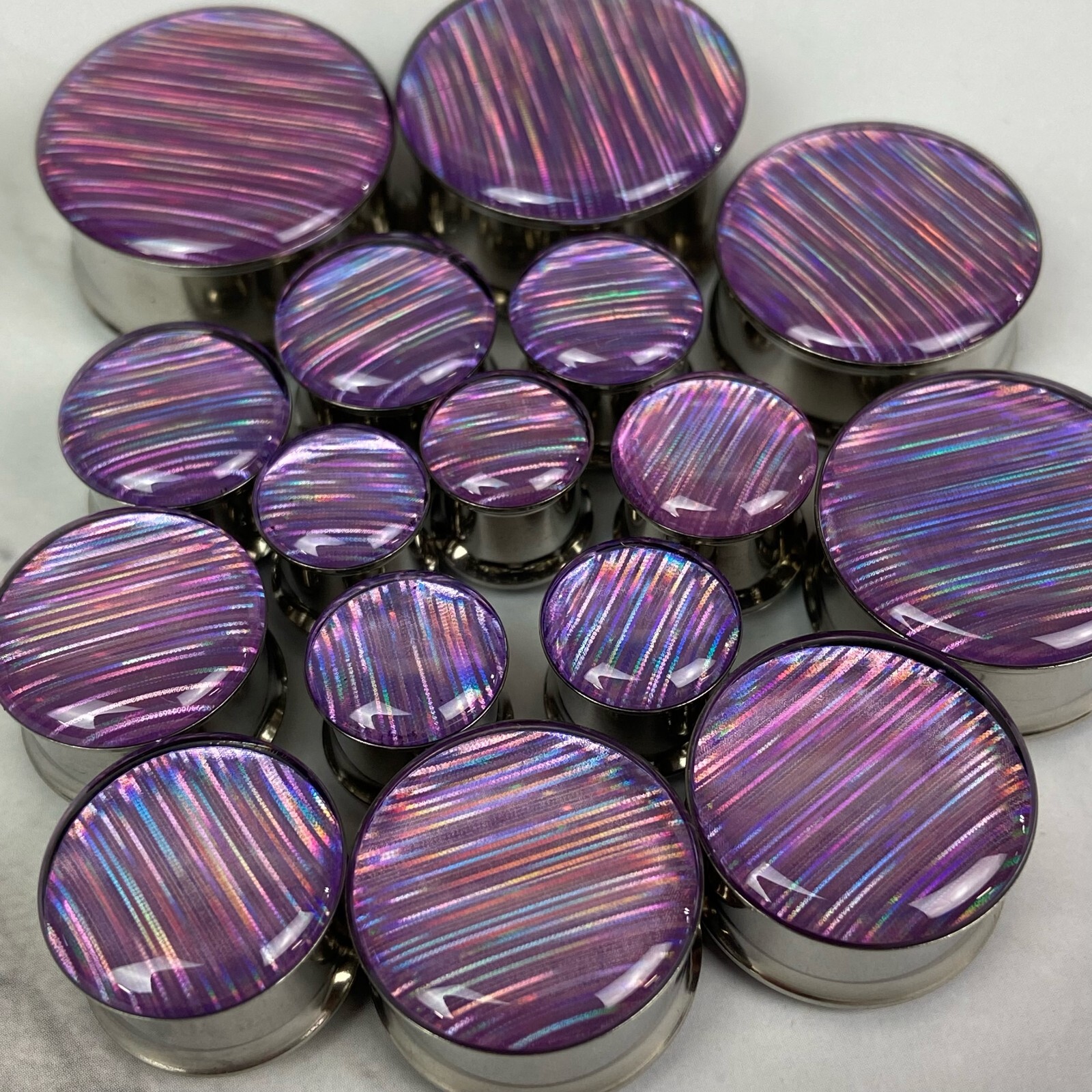 Lavender Holographic Ribbon Double Flare Resin Plugs (MTO-056) gauges pair