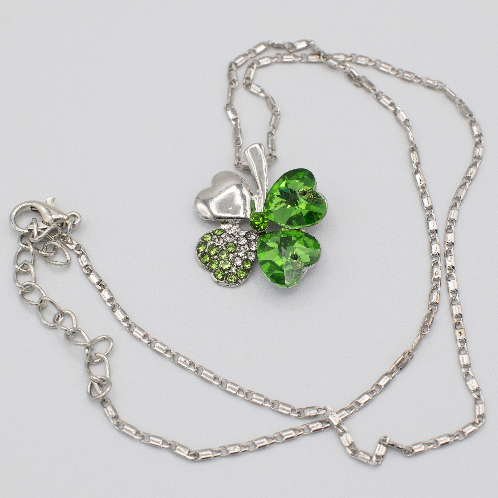 Four Leaf Clover Green and Silver Crystal Necklace – Irish, St. Patricks Day