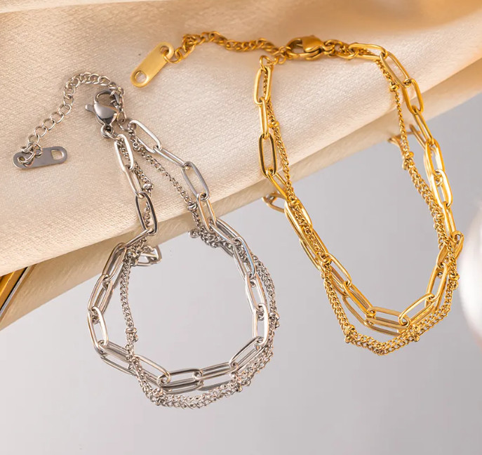 Double Layered Bracelet Stainless Steel Paperclip And Bead Chain Link Trendy