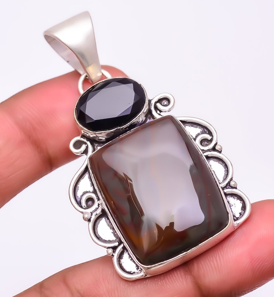 Natural Polychrome Jasper & Black Onyx 925 Silver Plated Pendant 2.1″ F2556