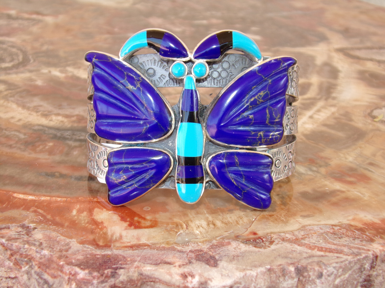 FEDERICO JIMENEZ Sterling & Natural Lapis -Turquoise Butterfly Bracelet 6 3/8 In