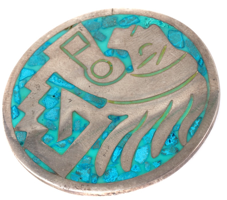 Mayan Head Pendant Silver Turquoise Mexico 925 Sterling
