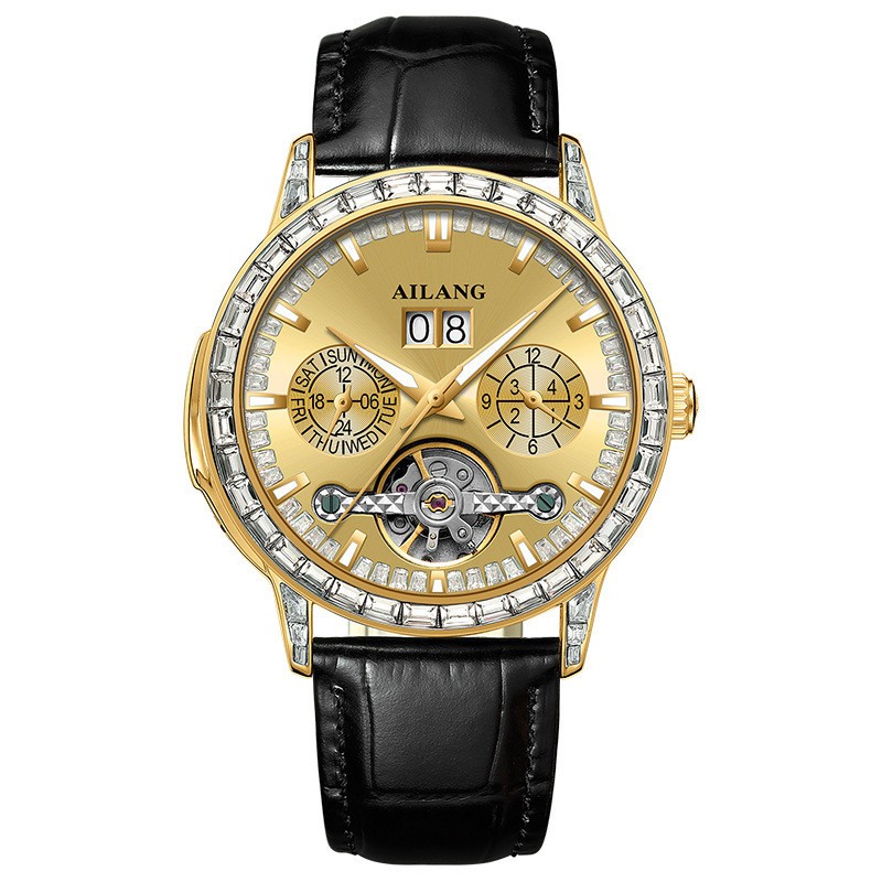 AILANG Men’s Luminous Diamond Calendar Tourbillon Automatic Mechanical Watch