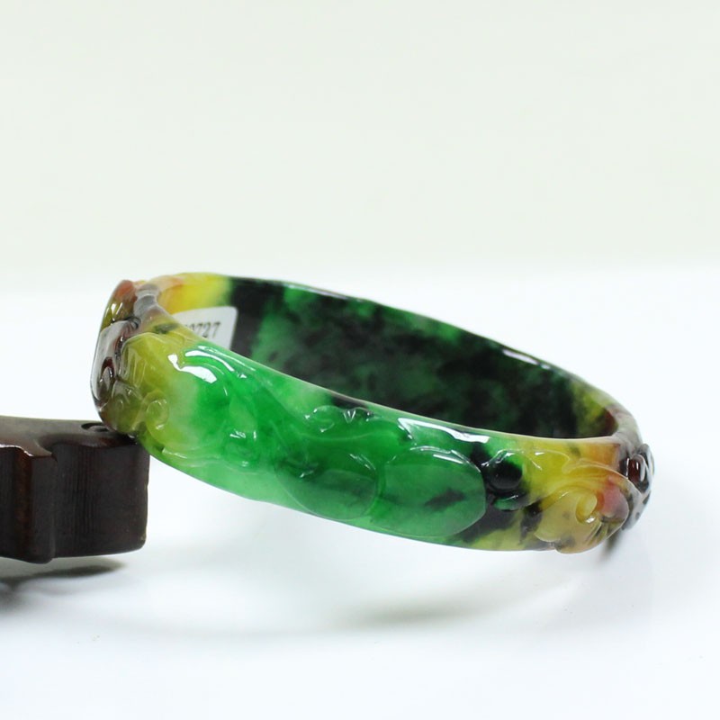 61mm Real Natural Ice Multicolor Burmese Jade jadeite Carving Bracelet Bangle